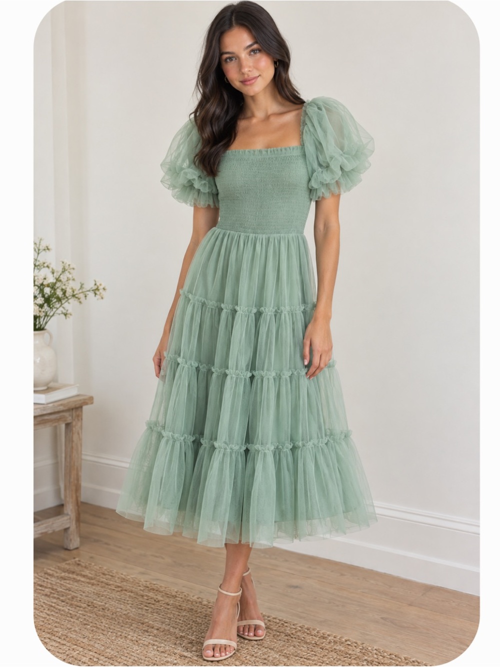 Pinkblush Mint Green Smocked Tiered Tulle Midi Dress